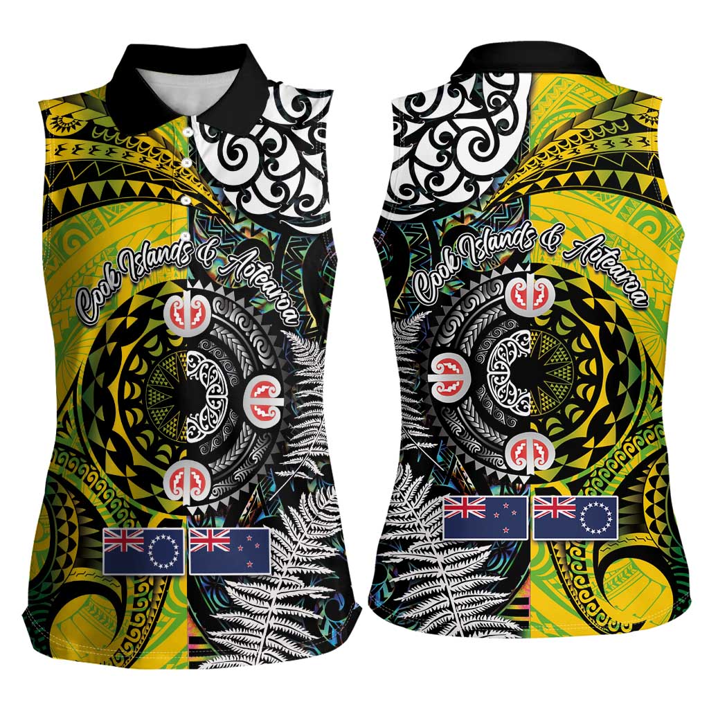 New Zealand and Cook Islands Together Women Sleeveless Polo Shirt Tatau Art Tribal Pattern-Maori Tattoo with Fern and Paua Shell LT03 - Polynesian Pride