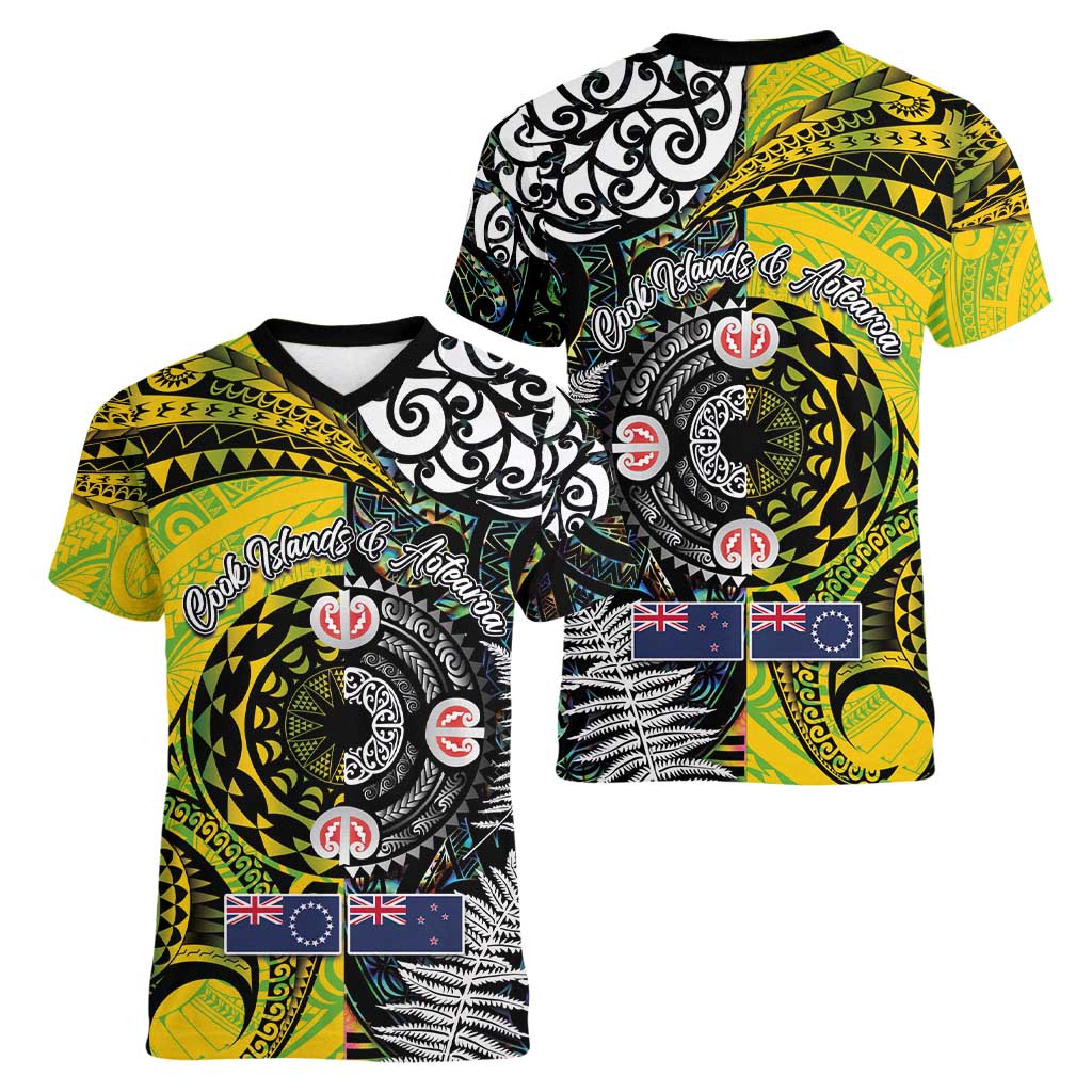 New Zealand and Cook Islands Together Women V-Neck T-Shirt Tatau Art Tribal Pattern-Maori Tattoo with Fern and Paua Shell LT03 - Polynesian Pride