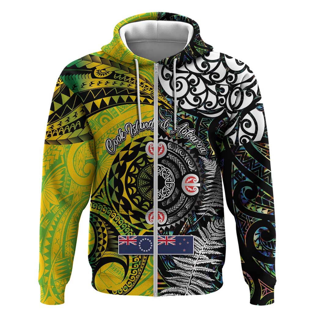 New Zealand and Cook Islands Together Zip Hoodie Tatau Art Tribal Pattern-Maori Tattoo with Fern and Paua Shell LT03 Zip Hoodie Art - Polynesian Pride