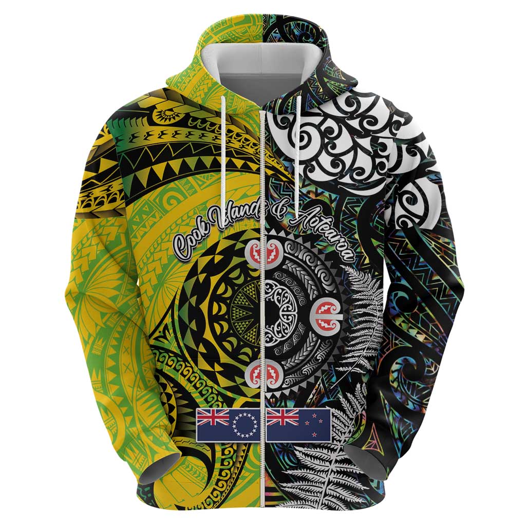 New Zealand and Cook Islands Together Zip Hoodie Tatau Art Tribal Pattern-Maori Tattoo with Fern and Paua Shell LT03 - Polynesian Pride
