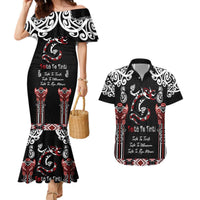 Aotearoa Toitu Te Tiriti-Maori Taniwha Couples Matching Mermaid Dress and Hawaiian Shirt Toitu Te Whenua Toitu Te Reo Maori LT03 Black - Polynesian Pride