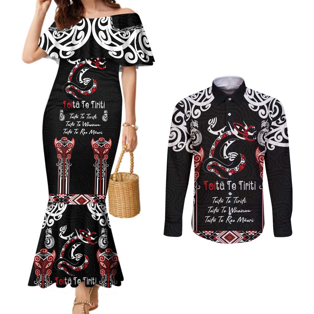 Aotearoa Toitu Te Tiriti-Maori Taniwha Couples Matching Mermaid Dress and Long Sleeve Button Shirt Toitu Te Whenua Toitu Te Reo Maori LT03 Black - Polynesian Pride