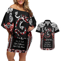 Aotearoa Toitu Te Tiriti-Maori Taniwha Couples Matching Off Shoulder Short Dress and Hawaiian Shirt Toitu Te Whenua Toitu Te Reo Maori LT03 Black - Polynesian Pride