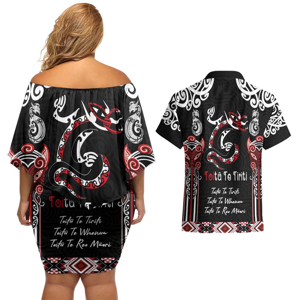Aotearoa Toitu Te Tiriti-Maori Taniwha Couples Matching Off Shoulder Short Dress and Hawaiian Shirt Toitu Te Whenua Toitu Te Reo Maori LT03 - Polynesian Pride