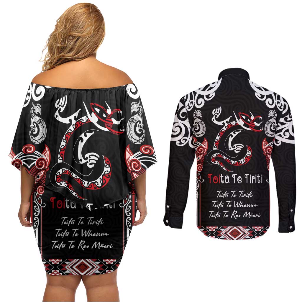 Aotearoa Toitu Te Tiriti-Maori Taniwha Couples Matching Off Shoulder Short Dress and Long Sleeve Button Shirt Toitu Te Whenua Toitu Te Reo Maori LT03 - Polynesian Pride