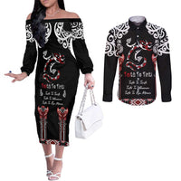 Aotearoa Toitu Te Tiriti-Maori Taniwha Couples Matching Off The Shoulder Long Sleeve Dress and Long Sleeve Button Shirt Toitu Te Whenua Toitu Te Reo Maori LT03 Black - Polynesian Pride