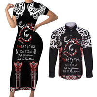 Aotearoa Toitu Te Tiriti-Maori Taniwha Couples Matching Short Sleeve Bodycon Dress and Long Sleeve Button Shirt Toitu Te Whenua Toitu Te Reo Maori LT03 Black - Polynesian Pride