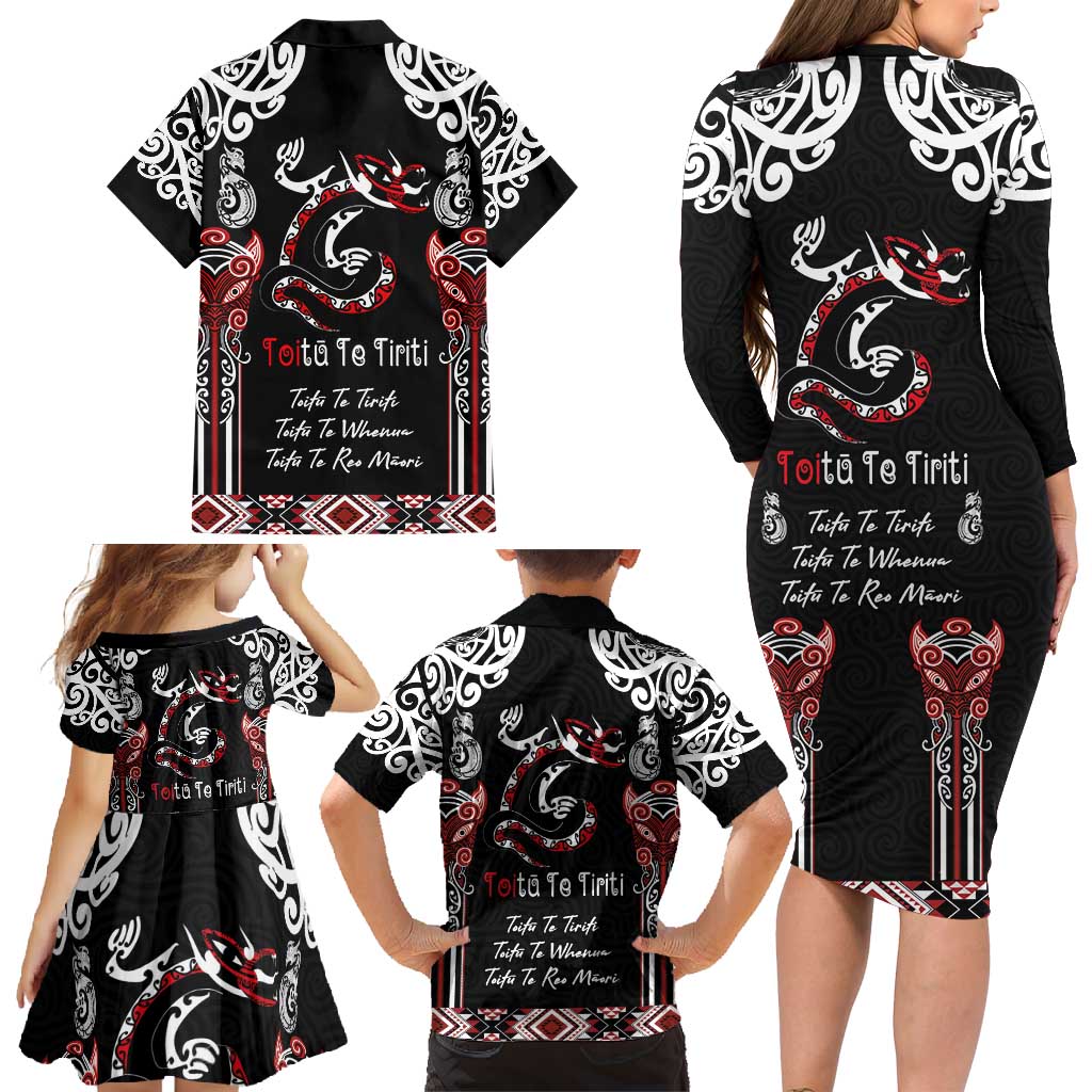 Aotearoa Toitu Te Tiriti-Maori Taniwha Family Matching Long Sleeve Bodycon Dress and Hawaiian Shirt Toitu Te Whenua Toitu Te Reo Maori LT03 - Polynesian Pride