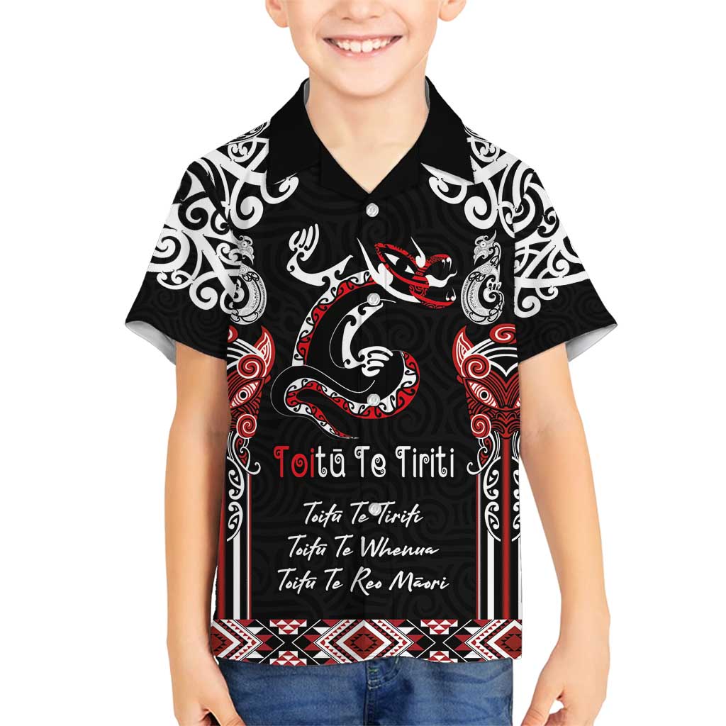 Aotearoa Toitu Te Tiriti-Maori Taniwha Family Matching Long Sleeve Bodycon Dress and Hawaiian Shirt Toitu Te Whenua Toitu Te Reo Maori LT03 Son's Shirt Black - Polynesian Pride