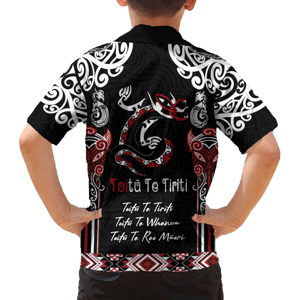 Aotearoa Toitu Te Tiriti-Maori Taniwha Family Matching Off The Shoulder Long Sleeve Dress and Hawaiian Shirt Toitu Te Whenua Toitu Te Reo Maori LT03 - Polynesian Pride