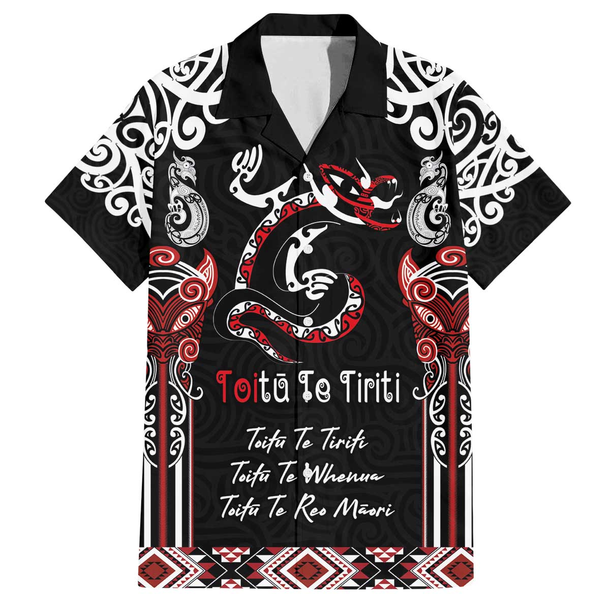 Aotearoa Toitu Te Tiriti-Maori Taniwha Family Matching Off The Shoulder Long Sleeve Dress and Hawaiian Shirt Toitu Te Whenua Toitu Te Reo Maori LT03 Dad's Shirt - Short Sleeve Black - Polynesian Pride