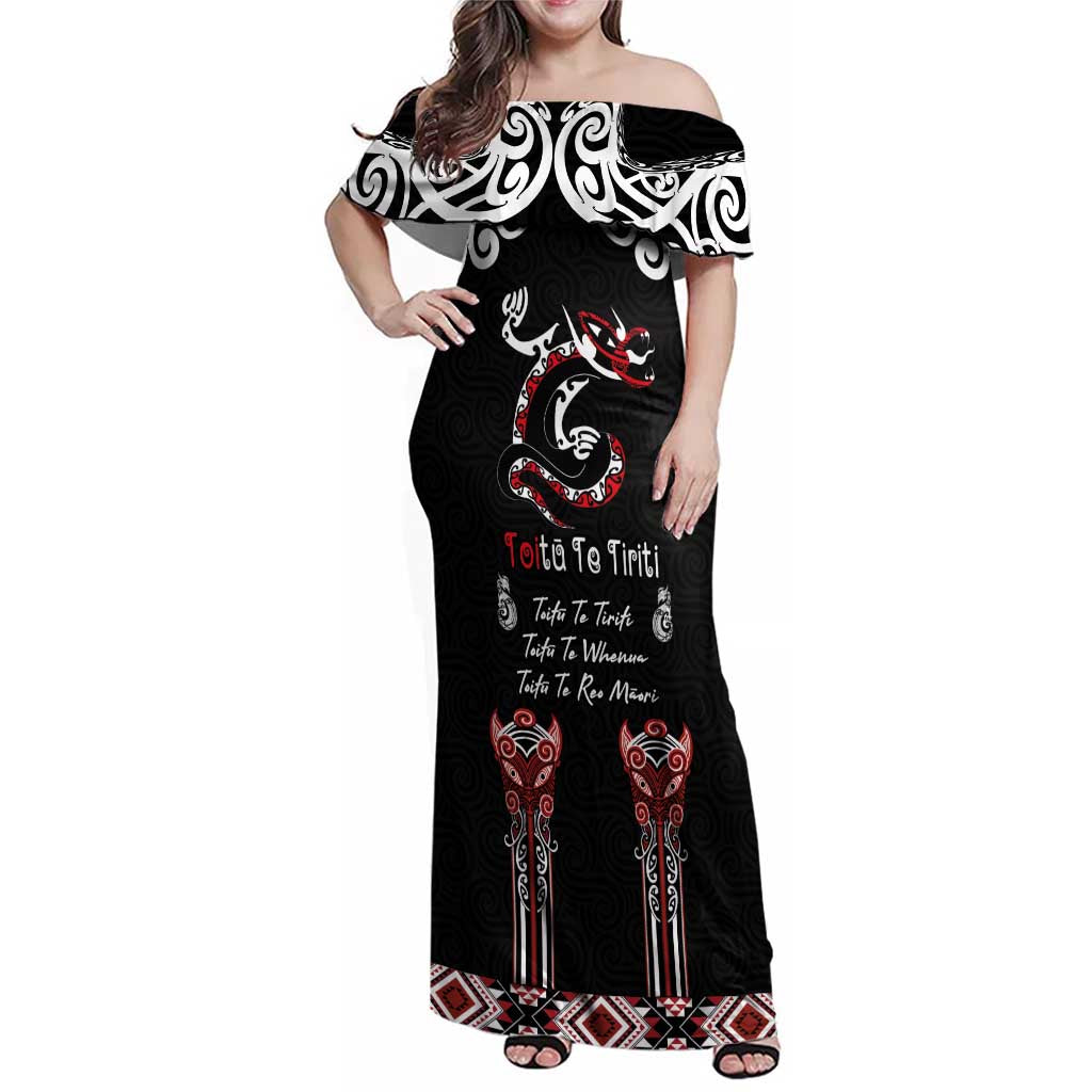 Aotearoa Toitu Te Tiriti-Maori Taniwha Family Matching Off Shoulder Maxi Dress and Hawaiian Shirt Toitu Te Whenua Toitu Te Reo Maori