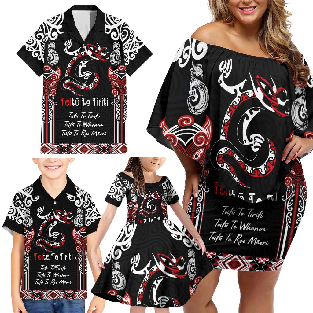 Aotearoa Toitu Te Tiriti-Maori Taniwha Family Matching Off Shoulder Short Dress and Hawaiian Shirt Toitu Te Whenua Toitu Te Reo Maori LT03 - Polynesian Pride