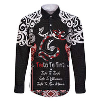 Aotearoa Toitu Te Tiriti-Maori Taniwha Family Matching Puletasi and Hawaiian Shirt Toitu Te Whenua Toitu Te Reo Maori LT03 Dad's Shirt - Long Sleeve Black - Polynesian Pride