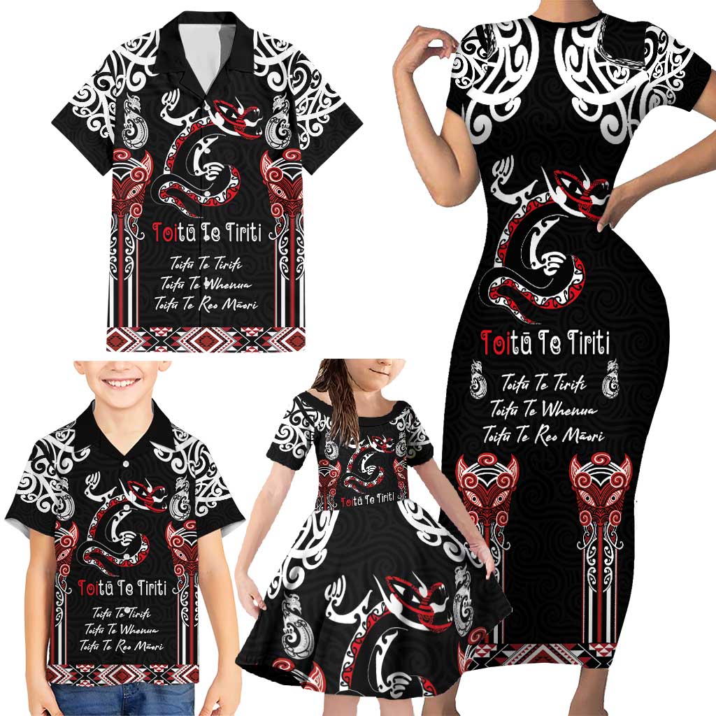 Aotearoa Toitu Te Tiriti-Maori Taniwha Family Matching Short Sleeve Bodycon Dress and Hawaiian Shirt Toitu Te Whenua Toitu Te Reo Maori LT03 - Polynesian Pride