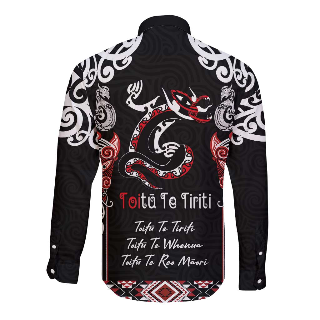 Aotearoa Toitu Te Tiriti-Maori Taniwha Long Sleeve Button Shirt Toitu Te Whenua Toitu Te Reo Maori LT03 - Polynesian Pride