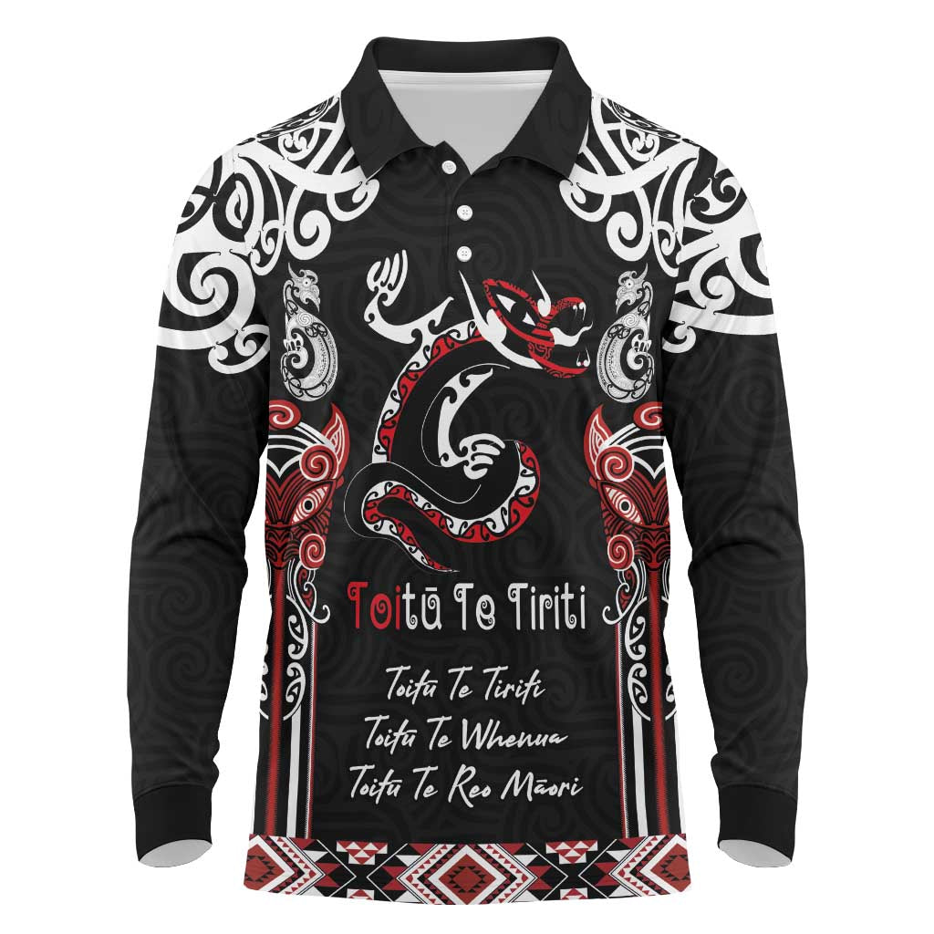 Aotearoa Toitu Te Tiriti-Maori Taniwha Long Sleeve Polo Shirt Toitu Te Whenua Toitu Te Reo Maori