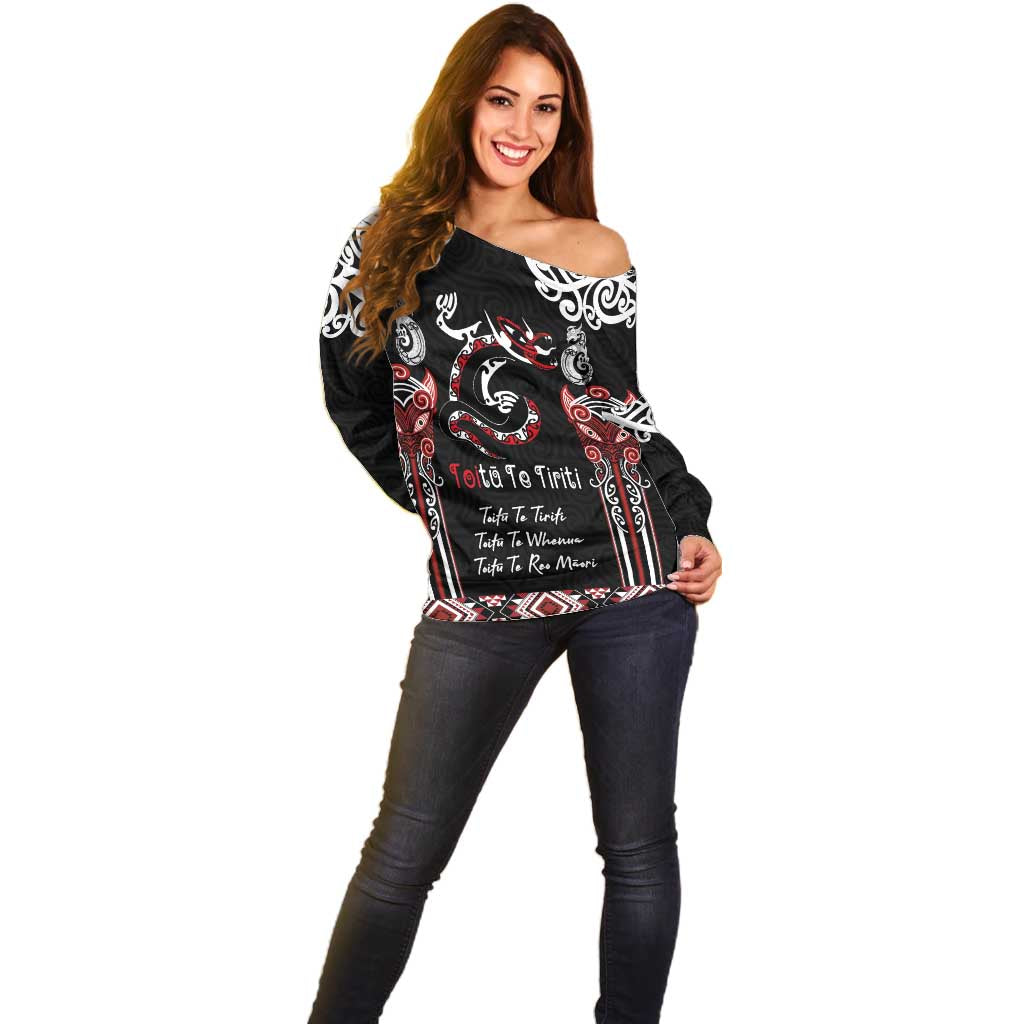 Aotearoa Toitu Te Tiriti-Maori Taniwha Off Shoulder Sweater Toitu Te Whenua Toitu Te Reo Maori