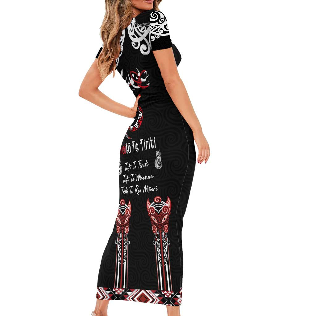 Aotearoa Toitu Te Tiriti-Maori Taniwha Short Sleeve Bodycon Dress Toitu Te Whenua Toitu Te Reo Maori LT03 - Polynesian Pride