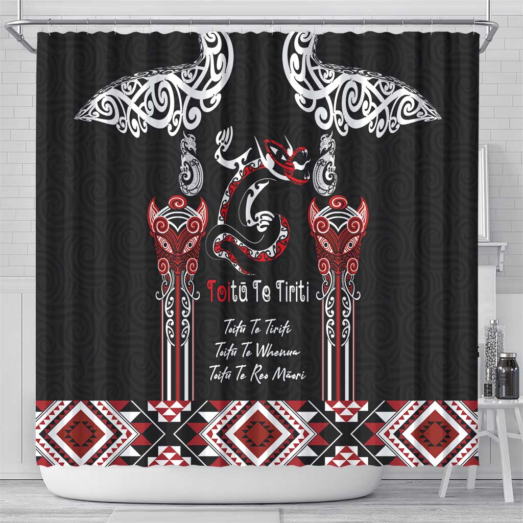 Aotearoa Toitu Te Tiriti-Maori Taniwha Shower Curtain Toitu Te Whenua Toitu Te Reo Maori