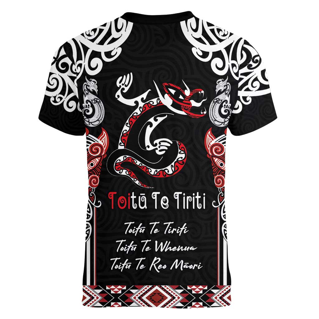 Aotearoa Toitu Te Tiriti-Maori Taniwha Women V-Neck T-Shirt Toitu Te Whenua Toitu Te Reo Maori LT03 - Polynesian Pride