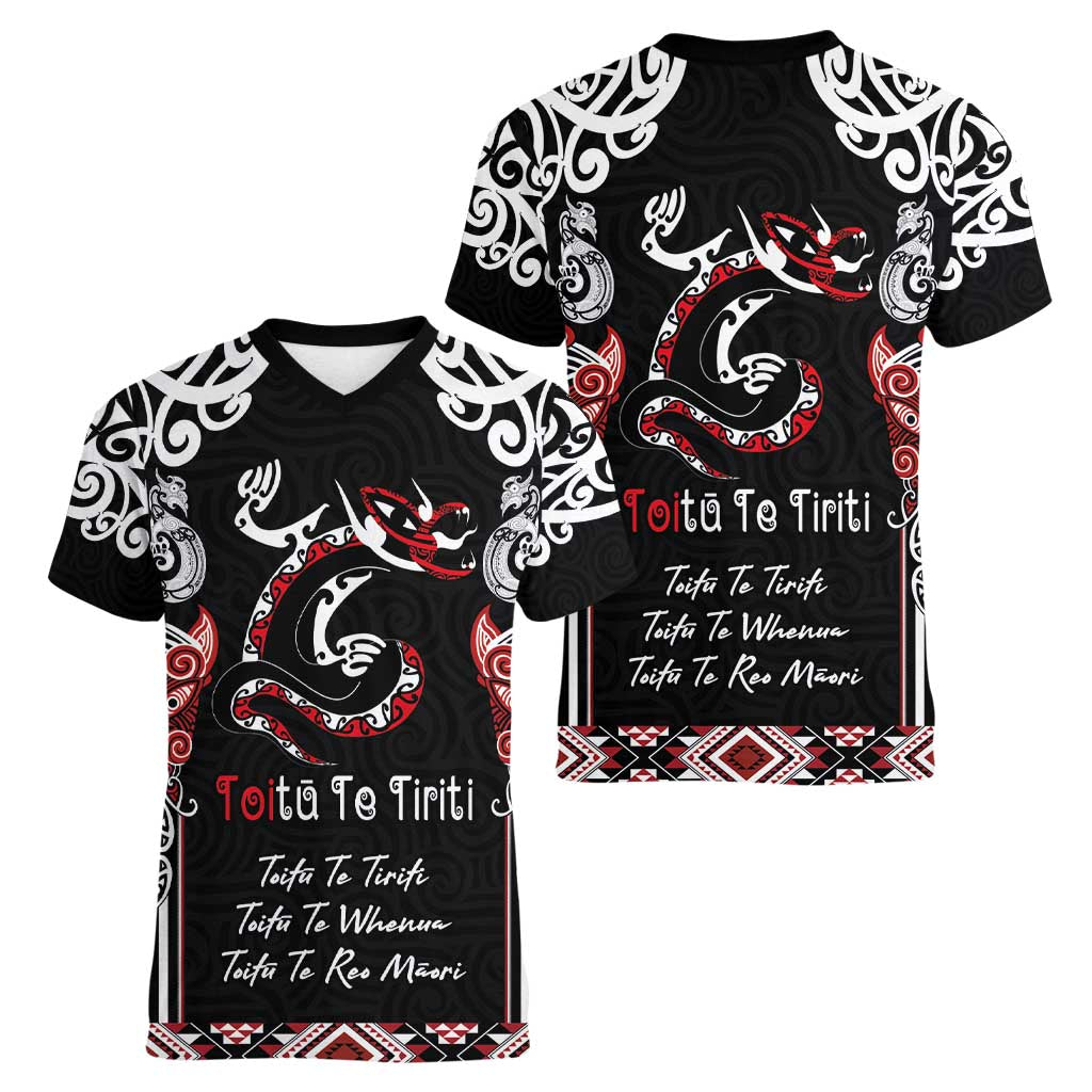 Aotearoa Toitu Te Tiriti-Maori Taniwha Women V-Neck T-Shirt Toitu Te Whenua Toitu Te Reo Maori LT03 - Polynesian Pride