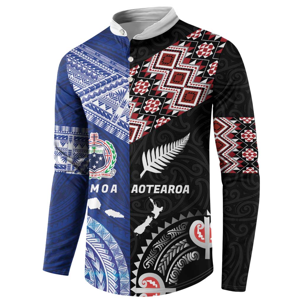 Personalised Aotearoa and Samoa Together Button Sweatshirt Tatau Art Tattoos-Taniko and Tukutuku with Maori Pattern