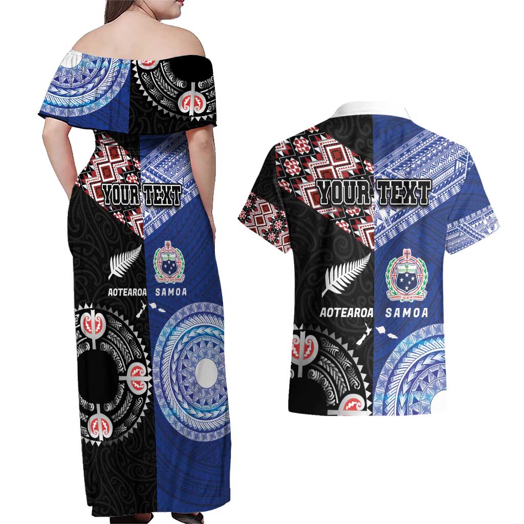 Personalised Aotearoa and Samoa Together Couples Matching Off Shoulder Maxi Dress and Hawaiian Shirt Tatau Art Tattoos-Taniko and Tukutuku with Maori Pattern