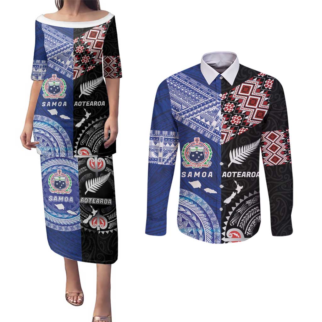 Personalised Aotearoa and Samoa Together Couples Matching Puletasi and Long Sleeve Button Shirt Tatau Art Tattoos-Taniko and Tukutuku with Maori Pattern