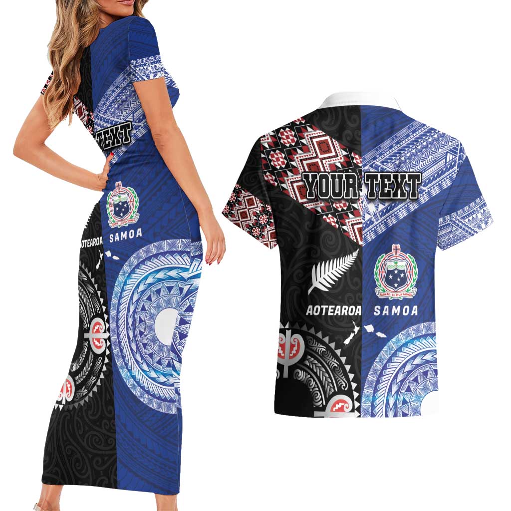 Personalised Aotearoa and Samoa Together Couples Matching Short Sleeve Bodycon Dress and Hawaiian Shirt Tatau Art Tattoos-Taniko and Tukutuku with Maori Pattern
