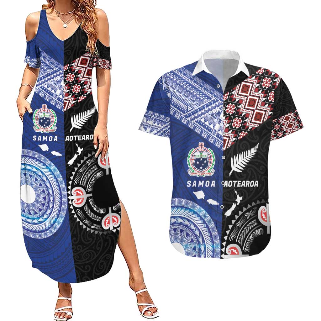 Personalised Aotearoa and Samoa Together Couples Matching Summer Maxi Dress and Hawaiian Shirt Tatau Art Tattoos-Taniko and Tukutuku with Maori Pattern