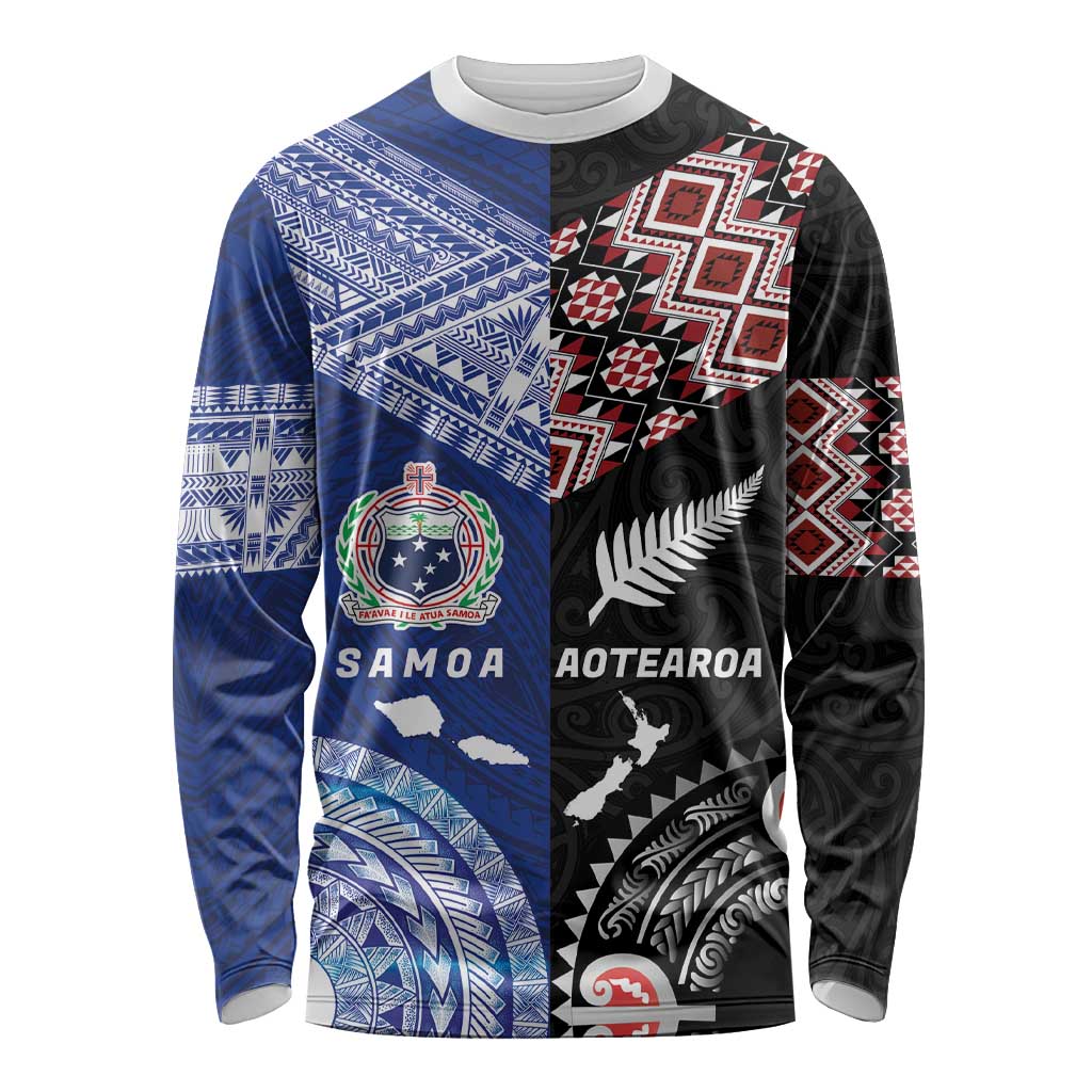 Personalised Aotearoa and Samoa Together Long Sleeve Shirt Tatau Art Tattoos-Taniko and Tukutuku with Maori Pattern
