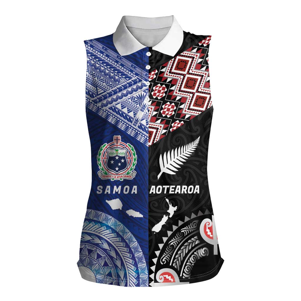 Personalised Aotearoa and Samoa Together Women Sleeveless Polo Shirt Tatau Art Tattoos-Taniko and Tukutuku with Maori Pattern LT03 Female Black - Polynesian Pride