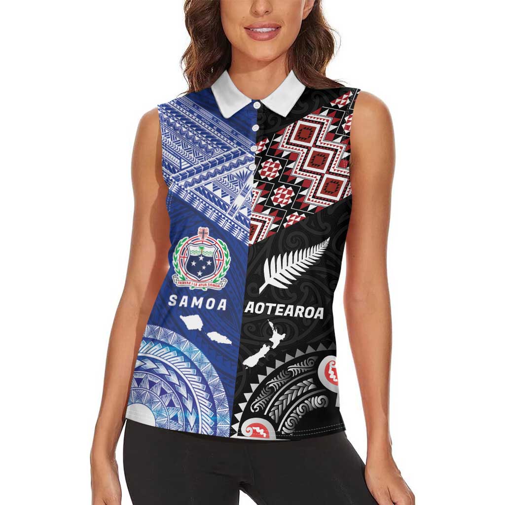 Personalised Aotearoa and Samoa Together Women Sleeveless Polo Shirt Tatau Art Tattoos-Taniko and Tukutuku with Maori Pattern LT03 - Polynesian Pride