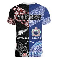 Personalised Aotearoa and Samoa Together Women V-Neck T-Shirt Tatau Art Tattoos-Taniko and Tukutuku with Maori Pattern