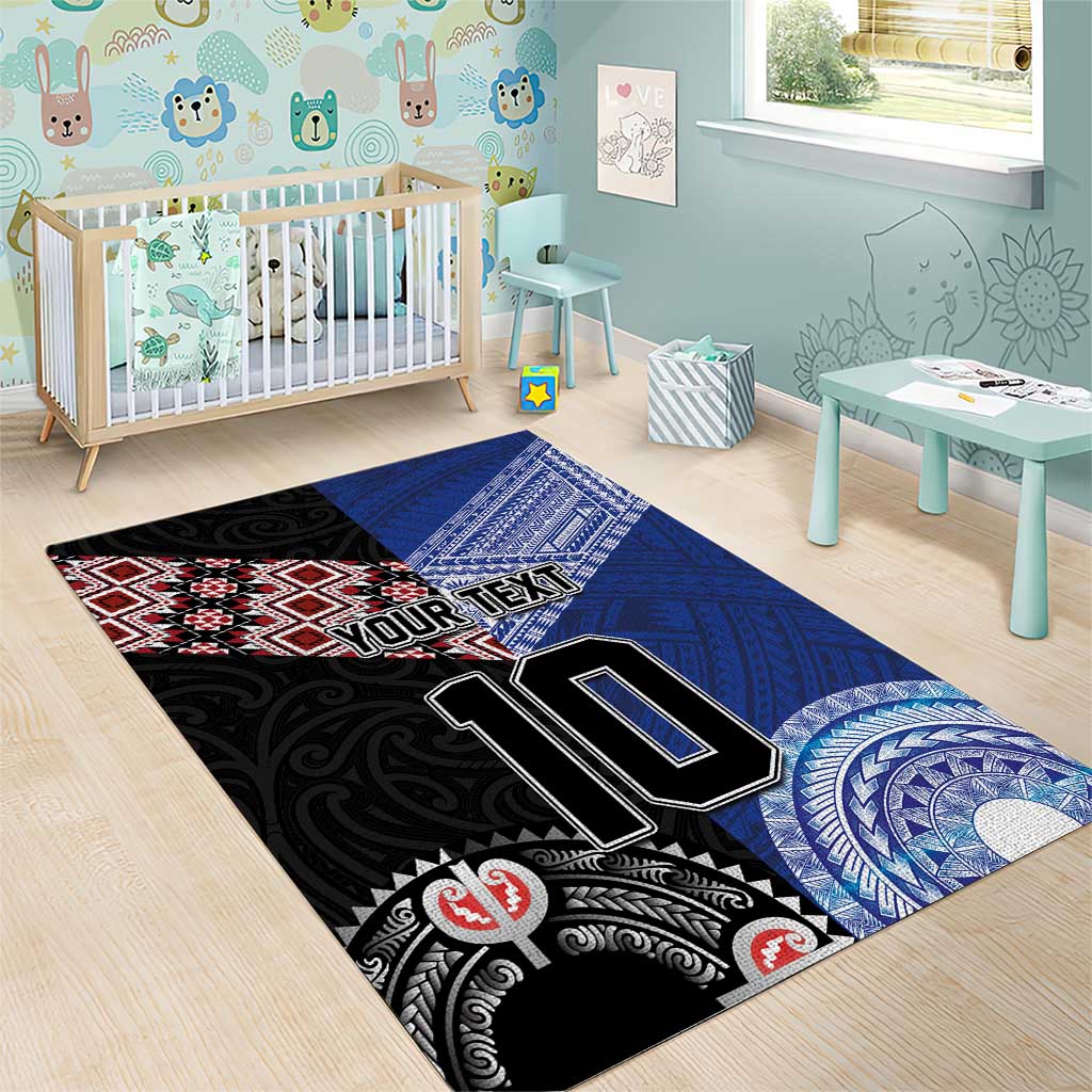 Custom Aotearoa and Samoa Rugby Area Rug Maori Warrior and Teuila Emblem-Tatau with Taniko Art