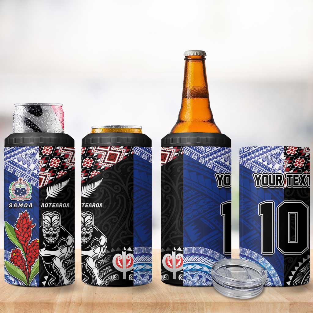 Custom Aotearoa and Samoa Rugby 4 in 1 Can Cooler Tumbler Maori Warrior and Teuila Emblem-Tatau with Taniko Art
