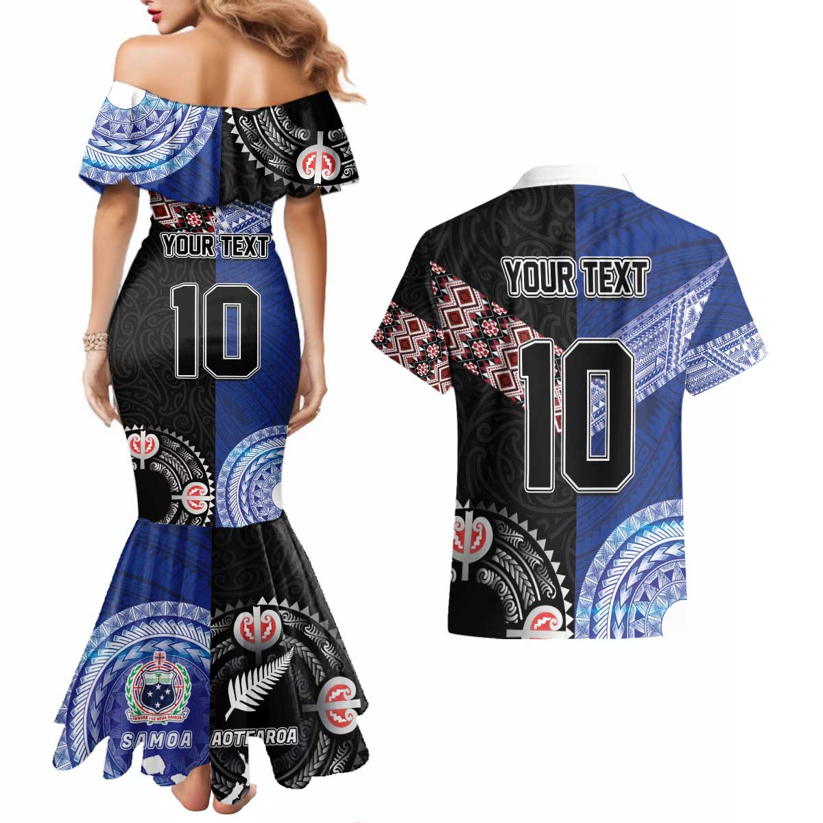 Custom Aotearoa and Samoa Rugby Couples Matching Mermaid Dress and Hawaiian Shirt Maori Warrior and Teuila Emblem-Tatau with Taniko Art