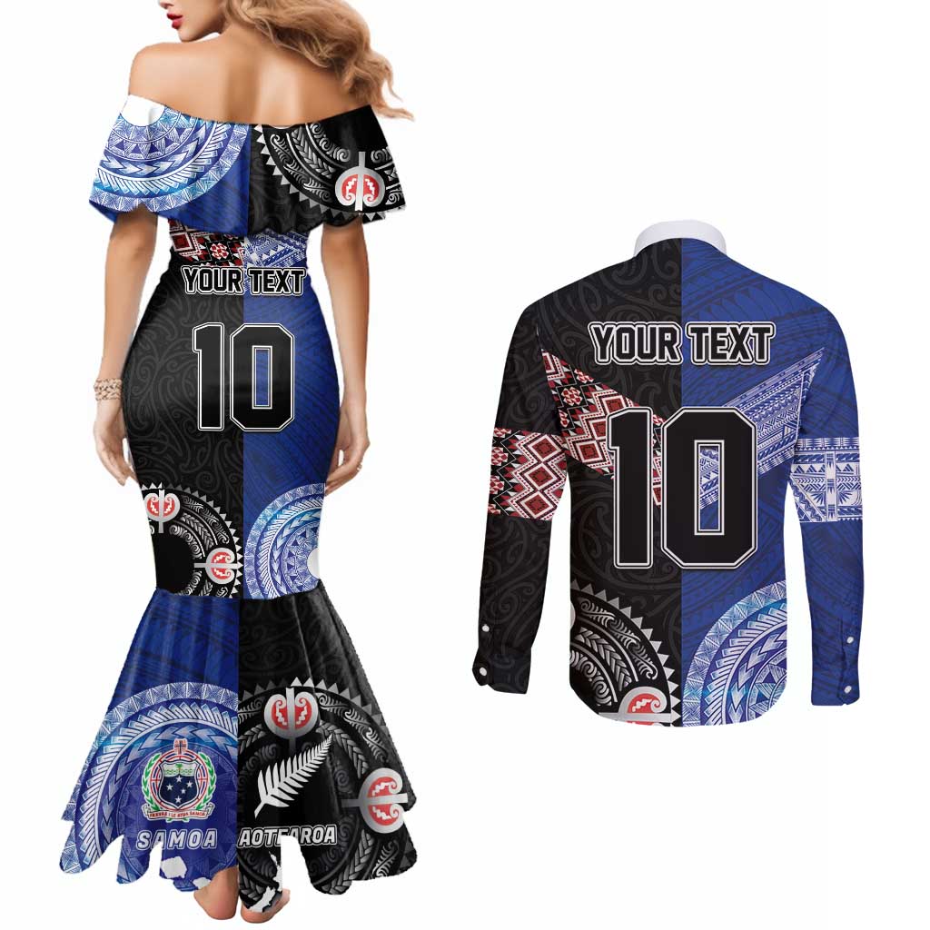 Custom Aotearoa and Samoa Rugby Couples Matching Mermaid Dress and Long Sleeve Button Shirt Maori Warrior and Teuila Emblem-Tatau with Taniko Art