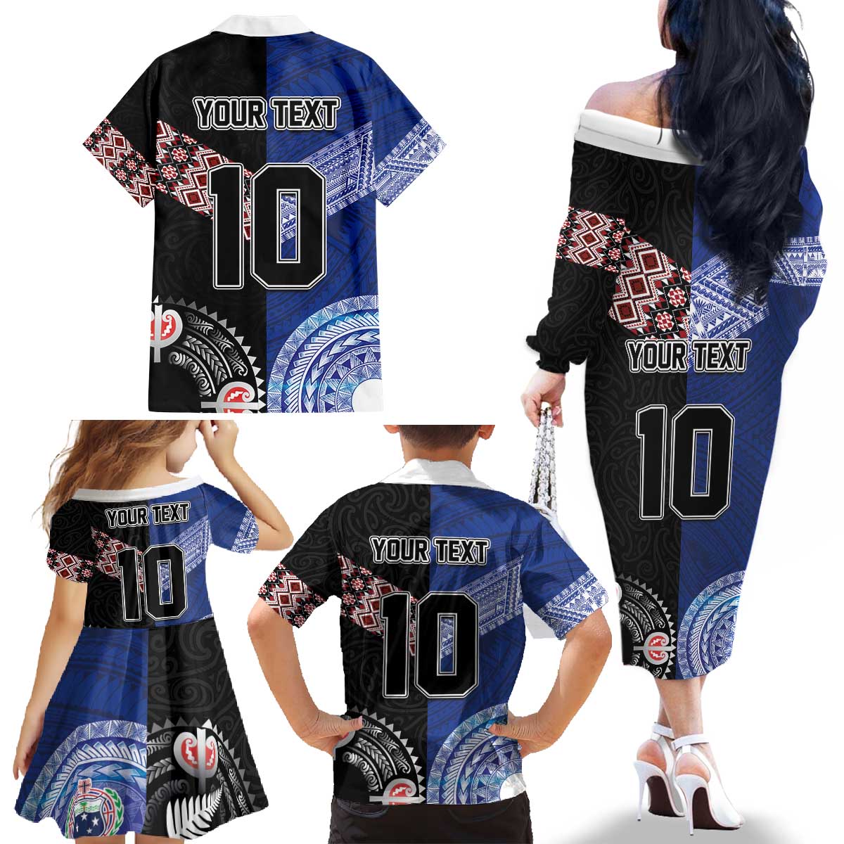 Custom Aotearoa and Samoa Rugby Family Matching Off The Shoulder Long Sleeve Dress and Hawaiian Shirt Maori Warrior and Teuila Emblem-Tatau with Taniko Art