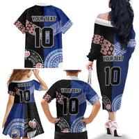 Custom Aotearoa and Samoa Rugby Family Matching Off The Shoulder Long Sleeve Dress and Hawaiian Shirt Maori Warrior and Teuila Emblem-Tatau with Taniko Art