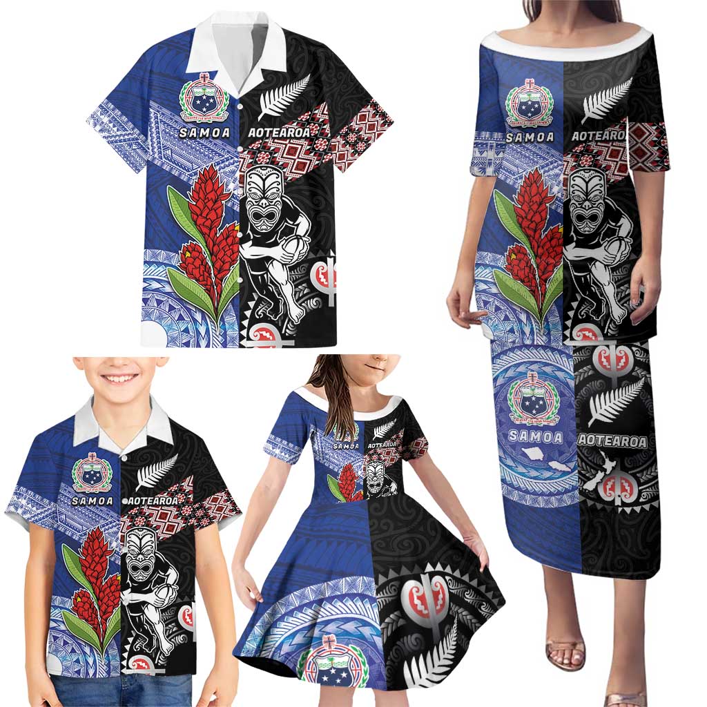 Custom Aotearoa and Samoa Rugby Family Matching Puletasi and Hawaiian Shirt Maori Warrior and Teuila Emblem-Tatau with Taniko Art