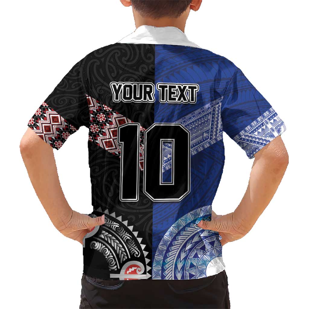 Custom Aotearoa and Samoa Rugby Kid Hawaiian Shirt Maori Warrior and Teuila Emblem-Tatau with Taniko Art