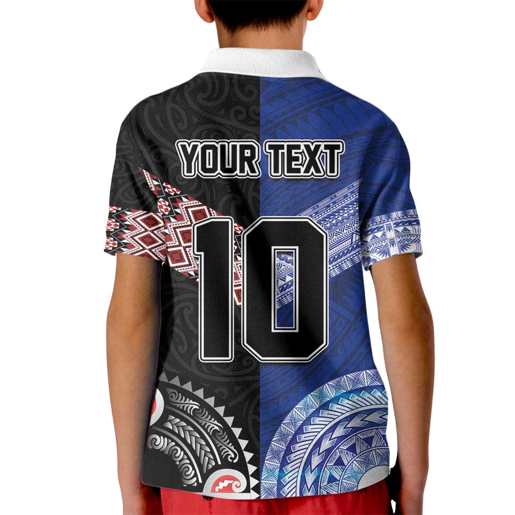 Custom Aotearoa and Samoa Rugby Kid Polo Shirt Maori Warrior and Teuila Emblem-Tatau with Taniko Art