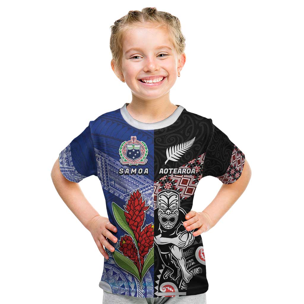 Custom Aotearoa and Samoa Rugby Kid T Shirt Maori Warrior and Teuila Emblem-Tatau with Taniko Art