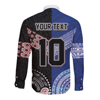 Custom Aotearoa and Samoa Rugby Long Sleeve Button Shirt Maori Warrior and Teuila Emblem-Tatau with Taniko Art