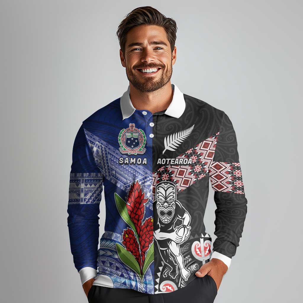 Custom Aotearoa and Samoa Rugby Long Sleeve Polo Shirt Maori Warrior and Teuila Emblem-Tatau with Taniko Art