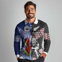 Custom Aotearoa and Samoa Rugby Long Sleeve Polo Shirt Maori Warrior and Teuila Emblem-Tatau with Taniko Art