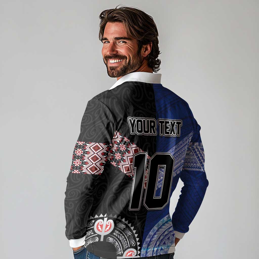 Custom Aotearoa and Samoa Rugby Long Sleeve Polo Shirt Maori Warrior and Teuila Emblem-Tatau with Taniko Art