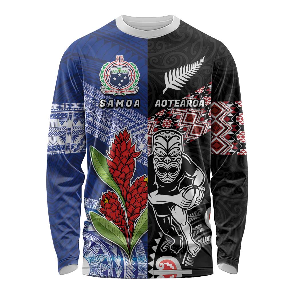 Custom Aotearoa and Samoa Rugby Long Sleeve Shirt Maori Warrior and Teuila Emblem-Tatau with Taniko Art